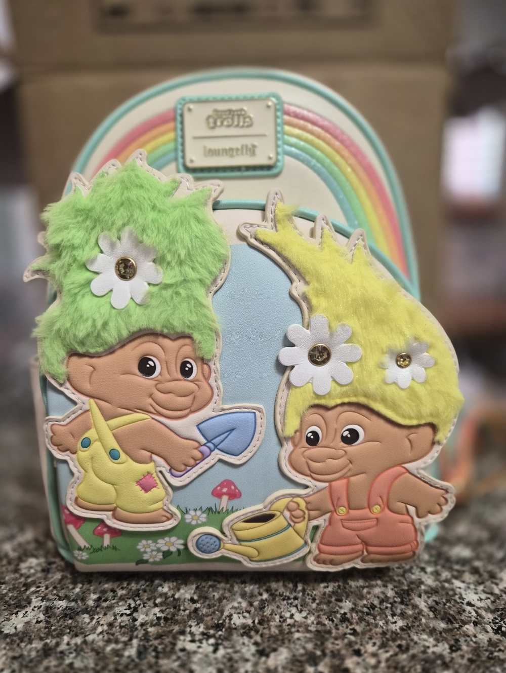 Loungefly Trolls Plush Hair Mini Backpack - Pastel Blue, Green & Yellow